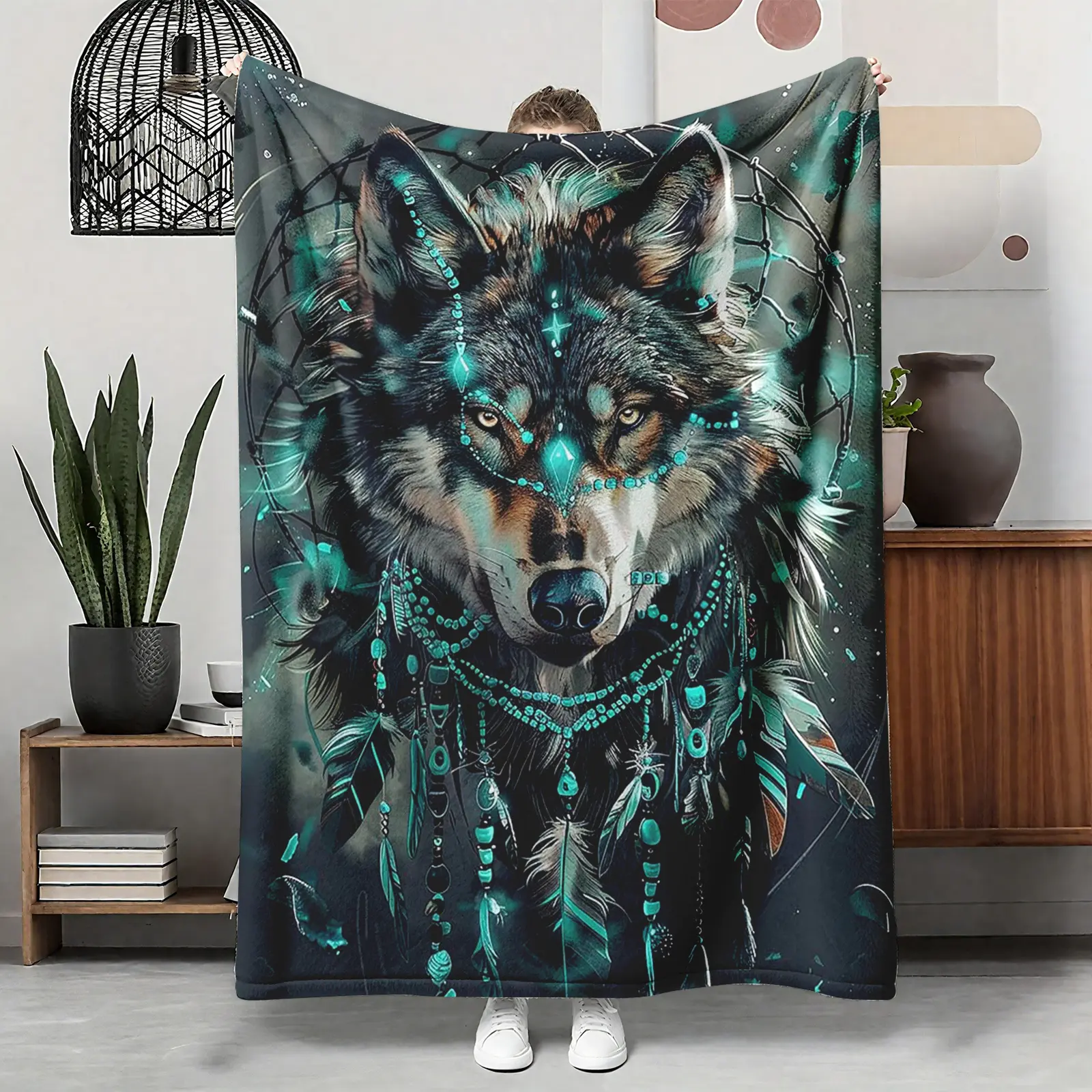 Native American Wolf Flannel Blanket, Turquoise Dreamcatcher Tribal Soft Throw, Cozy Warm Mystical Gift for Him Her, Boho Spiritual Home Decor for Couch Sofa Bed, AC Room Summer Blanket, Birthday Christmas Gift for Wolf Lovers