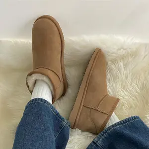 Women's Mini-Upper Sheepskin Boots, Chestnut / Grey Boot 100% Natural Australian Merino Sheepskin Shoes, Warm & Comfy Winter Footwear US6-11