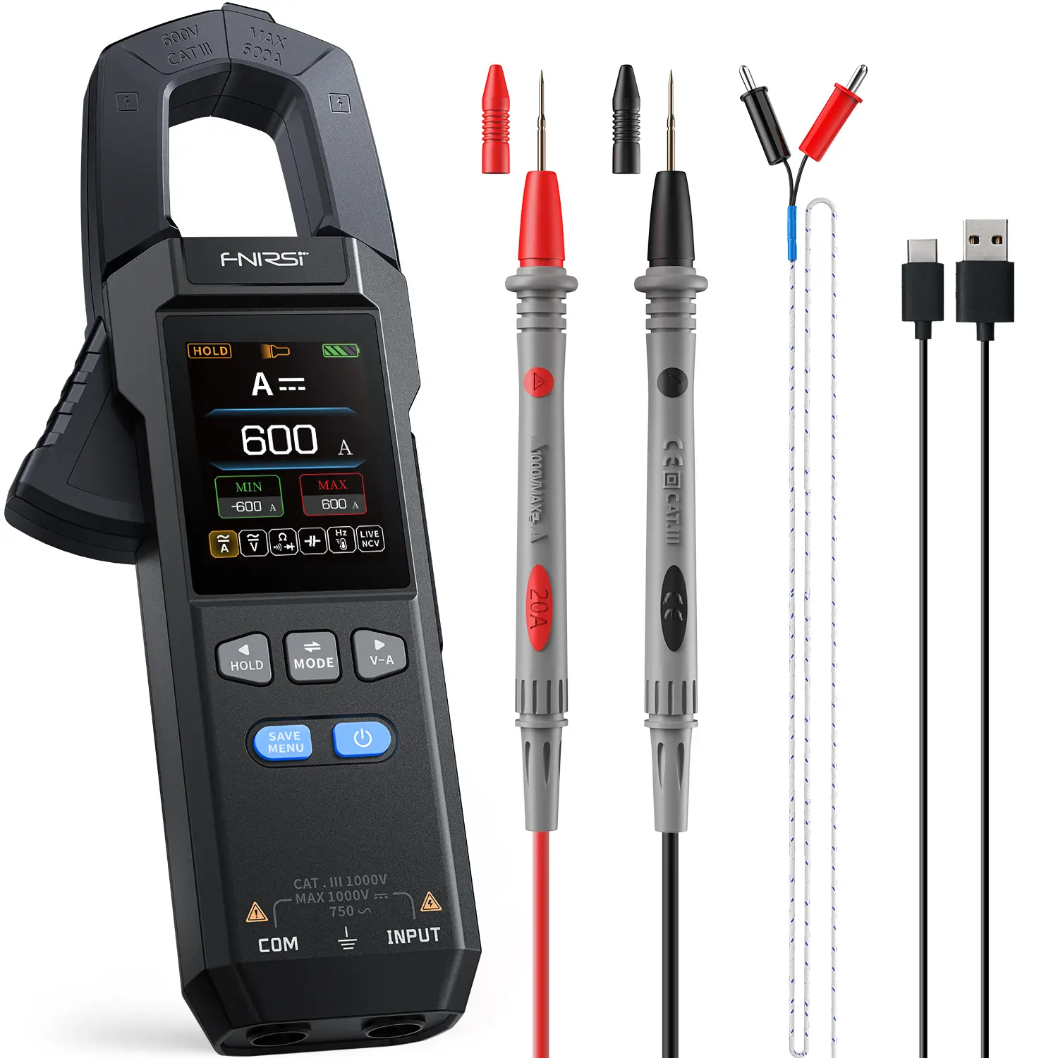 FNIRSI DMC-100 Clamp Meter Multimeter USB Rechargeable 10000 Counts True RMS 600A 750V Digital Clamp Meter with Color TFT Display High Accuracy Wide Range Measurement for Electrical Repair Voltage Tester Car Voltage Tester