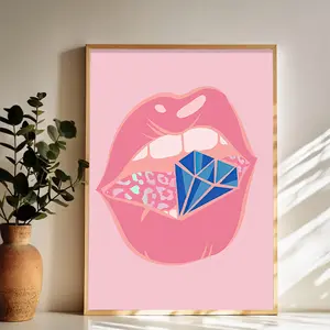 Sparkling Lips with a Gem Wall Art Vintage Black and White Art Posters Funky Aesthetic Canvas Prints Retro Bar Cart Decor for Bar Bedroom