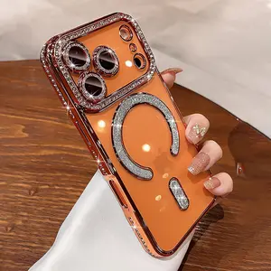 Magnetic Clear Glitter Phone Cases for iPhone 17 Pro Max 16 15 14 13 12 Pro Max Plus Compatible with MagSafe Diamond Camera Lens Covers Women Cute Clear Glitter Diamond Rhinestone Sparkly Case for iPhone 17 Pro Max
