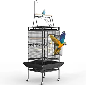 Extra Large 82" Parrot Cage with Play Top – Heavy Duty Wrought Iron Aviary, Rolling Stand, Secure Lock, Easy-Clean Removable Tray, Rope Perch – Spacious Bird Enclosure for Large Birds