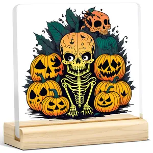 1pc Spooky Halloween Acrylic Plaque: Skeleton & Pumpkin Design, Fun Tabletop Decor, Holiday Party Decor, No Electricity, Halloween Gift Ideas, Seasonal Decorations, Birthday Gifts, Christmas Decor, Room Decoration