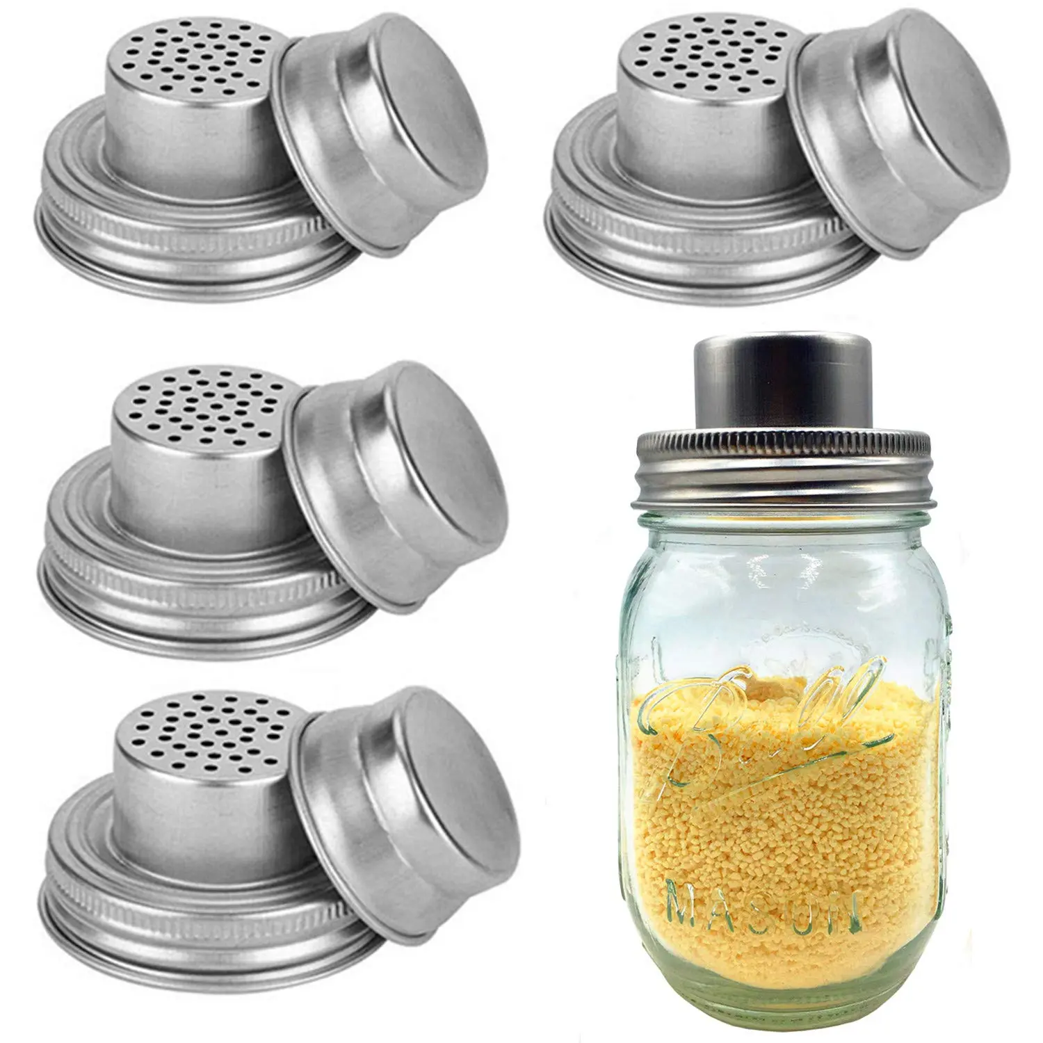 4 Pack Stainless Steel Mason Jar Shaker Lids with Silicone Seals, Regular Mouth Replacement Canning Lids for Spice, Sugar, Salt & Pepper Kitchen Kitchenware