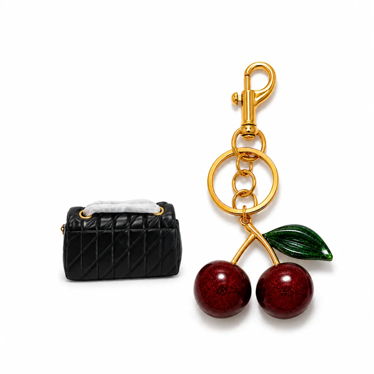 Buy Cherry Bag Charm Get FREE Quilted Mini Bag – Red Glitter Resin Cherry Keychain Purse Accessory Y2K Coquette