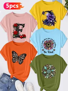 Women's 5-Piece Crew Neck T-Shirt, Rose Letter & Butterfly Sunflower Print, Multiple Colors Available, Machine Washable, Spring & Summer Top, Soft Skin-Friendly Fabric, Daily Versatile, Fashion Design