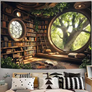 RichIdeas 80x60 Inches Tree Bookshelf Tapestry Window Tapestries Treehouse Tapestries Reading Blanket Decor for Windowless Office Room Bedroom Living Room Home Decor RITADJ1319