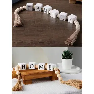 1PC Home ,Family Font Wooden Beaded Tassel Garland Decoration Square Wooden Letter Beads Original Wood Color Wooden Beads Rope Tassel String Home Decoration Pendant Crafts