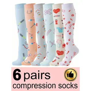 6 Pairs Women's Athletic Compression Knee High Socks with Cute Patterns and Dots for Running Cycling Hiking Travel