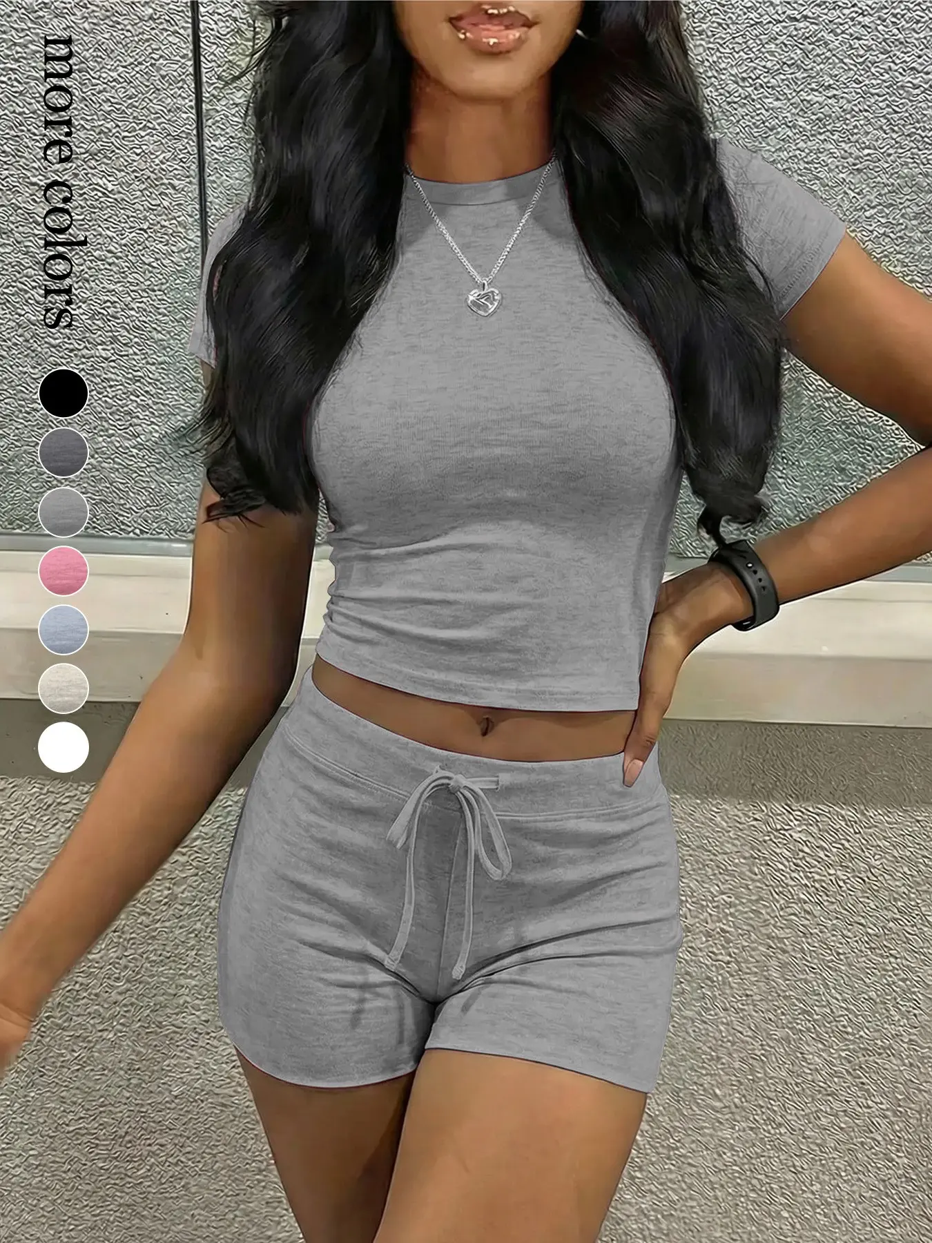 Summer Essential Short Waist Exposed T-Shirt, Drawstring Shorts Sportswear Set, Casual Sportswear Outfit, Athletic Fit, Soft Skin Friendly Breathable Home Sports Outdoor Wear, Athleisure Summer Clothes