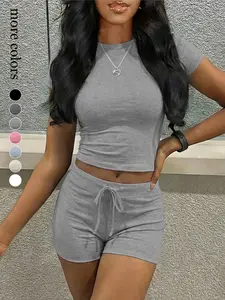 Summer Essential Short Waist Exposed T-Shirt, Drawstring Shorts Sportswear Set, Athletic Fit, Soft Skin Friendly Breathable Home Sports Outdoor Wear, Athleisure Summer Clothes