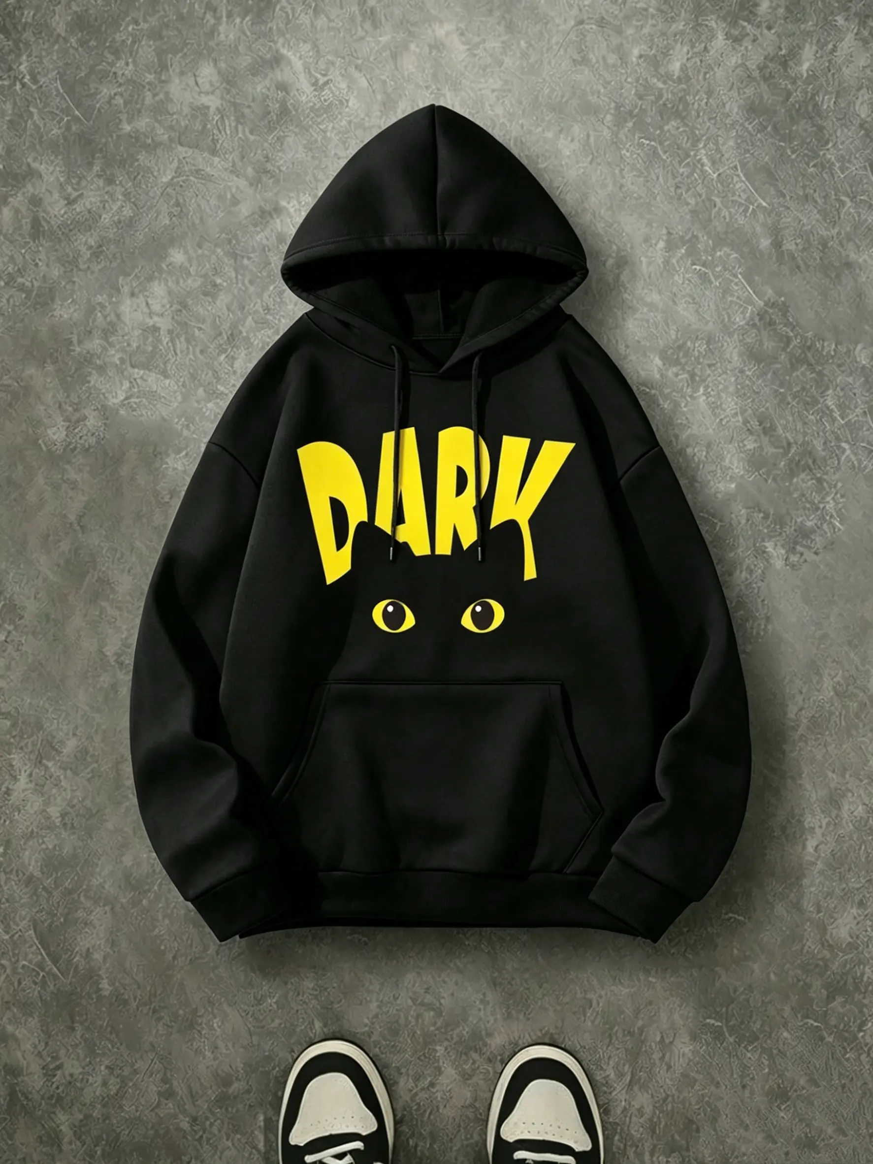 Dark Peeking Black Cat Graphic Hoodie, 270G Brushed Fleece Bold Yellow Cartoon Letter Front Print Black Hooded Sweatshirt, Minimal Cute Animal Streetwear Pullover For Men Women