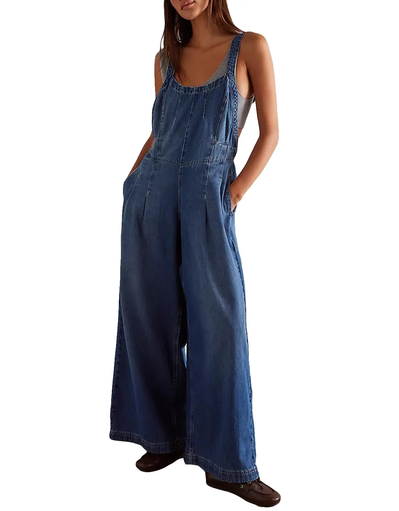 Women Denim Overalls Wide Leg Bib Pants Adjustable Strap Sleeveless Jean Jumpsuit Backless Elastic Waist Rompers Womenswear Trouser