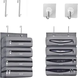 Zipper Bag Organizer for Kitchen RV Camper Grey 4 Compartments Durable Nylon Fabric Wall Mountable Food Storage Bag Holder with Hooks