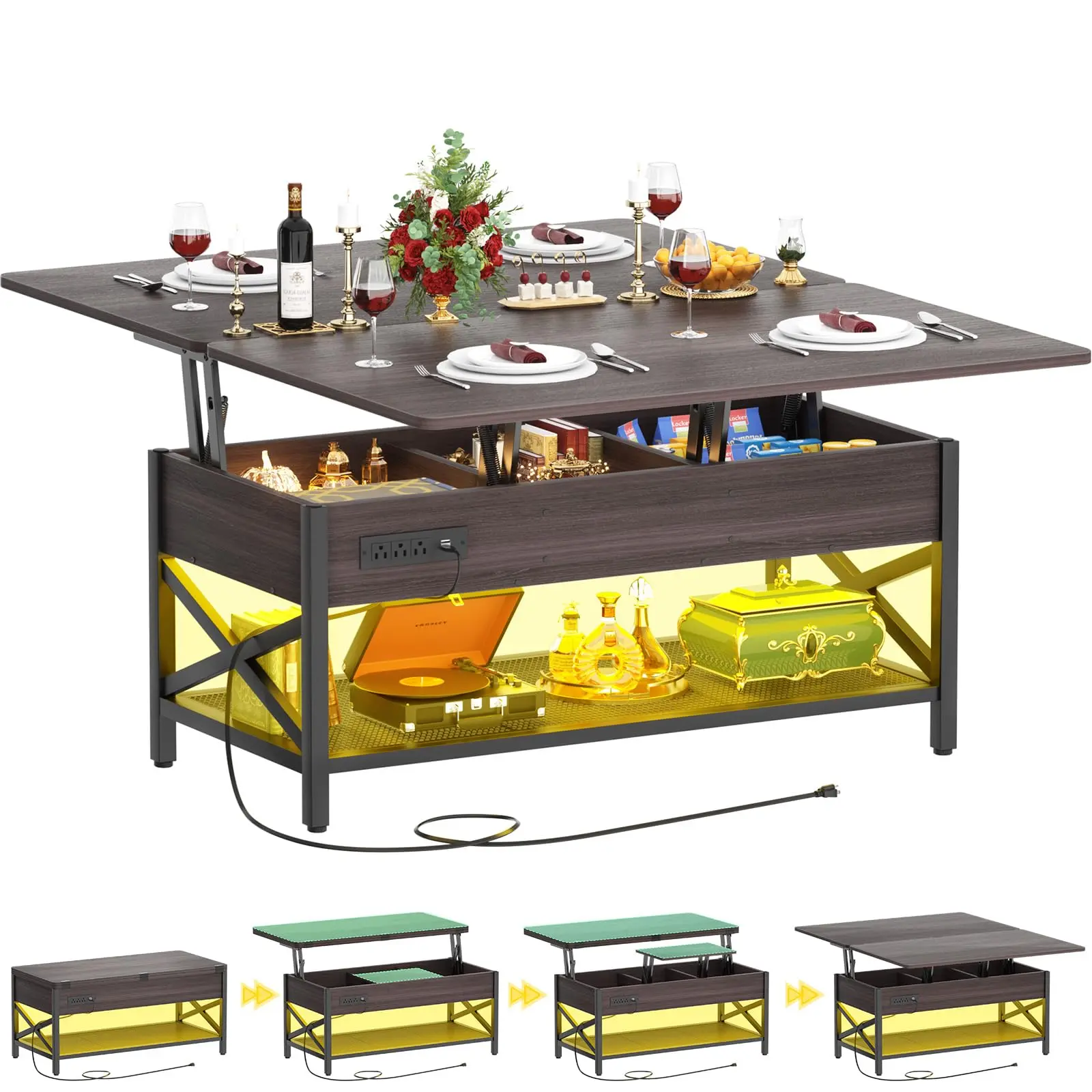 Lift Top Coffee Table 41" Coffee Table 4 in 1with Storage Cabinet LED Light and Power Outlet,Wood Adjustable Table for Living Room Home Furniture