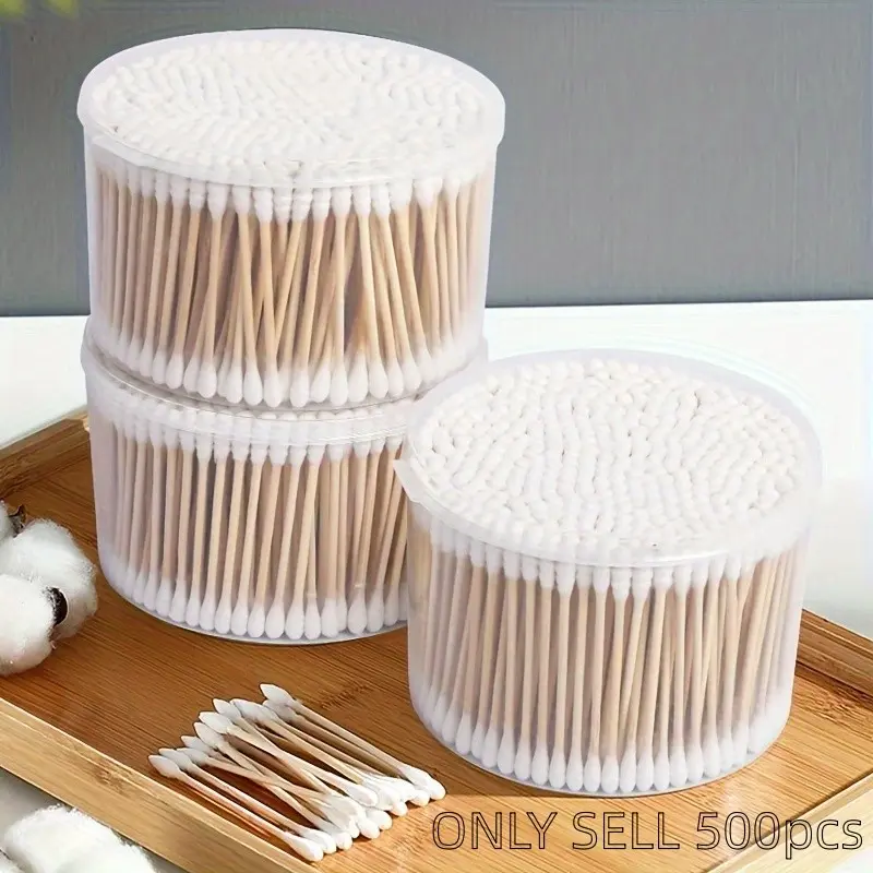 500 Counts Cotton Swabs with Durable Wooden Handle, Round and Spiral Tips, 3 Inch Length, Unscented, Personal Use, Hygienic, Includes Storage Box or Bag