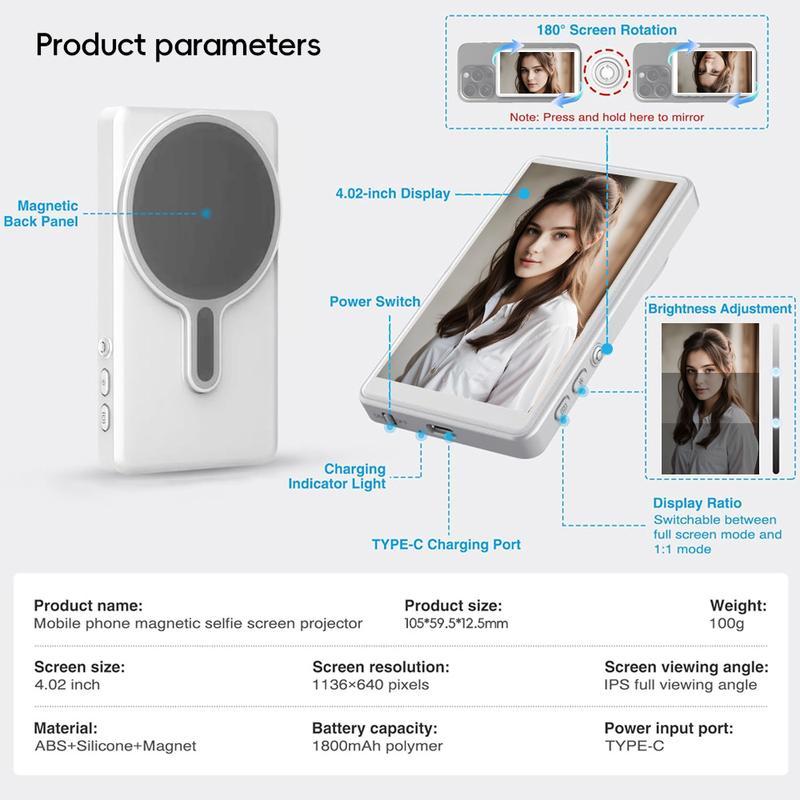 [DealsForYouDays]SummerWins Rolosar Magnetic Phone Selfie Monitor Screen, Wireless Back Camera Selfie Monitor,Compatible with iPhone and Android,Rear-Facing Camera for Live Streaming, Selfies, and Vlogs,Lightweight and compact