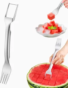 Watermelon Fork Slicer Cutter 2-in-1 Stainless Steel Melon Cutter for Kitchen BBQ Camping Easy Use Fruit Tool with Grip Handle Silver Cutlery Tableware