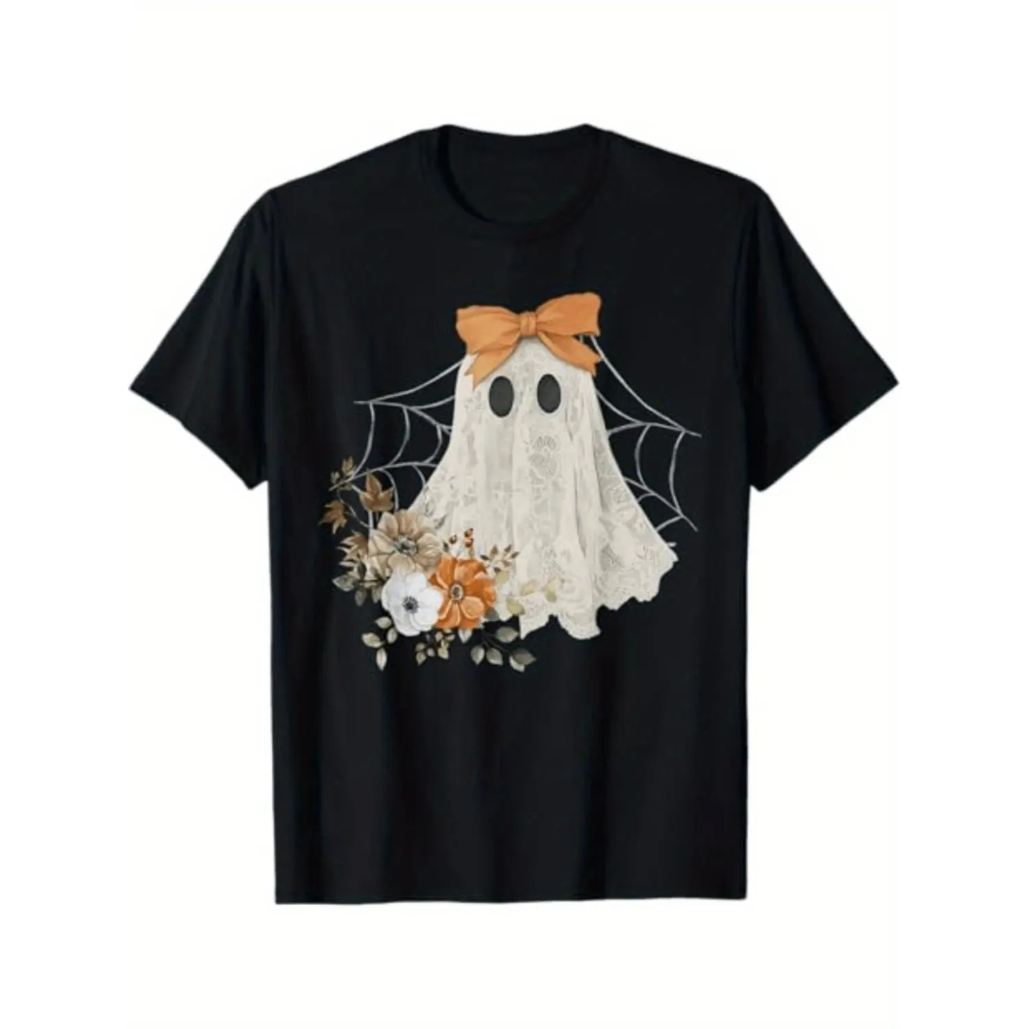 Women's Spooky Ghost Halloween Lace Cotton T-Shirt - Soft, Breathable Short-Sleeve Unisex Tee, Perfect for Summer, Birthday Gift Shirt, Shortsleeve, Casual, Graphic, Round Neck, Tops, All-Seasons