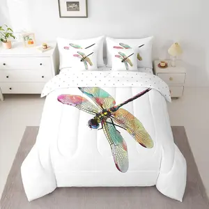Feelyou 7-Piece Dragonfly Bedding Set - Modern Geometric Bed-in-A-Bag with Comforter, Sheets, Pillowcases, and Cushion Cover for Kids