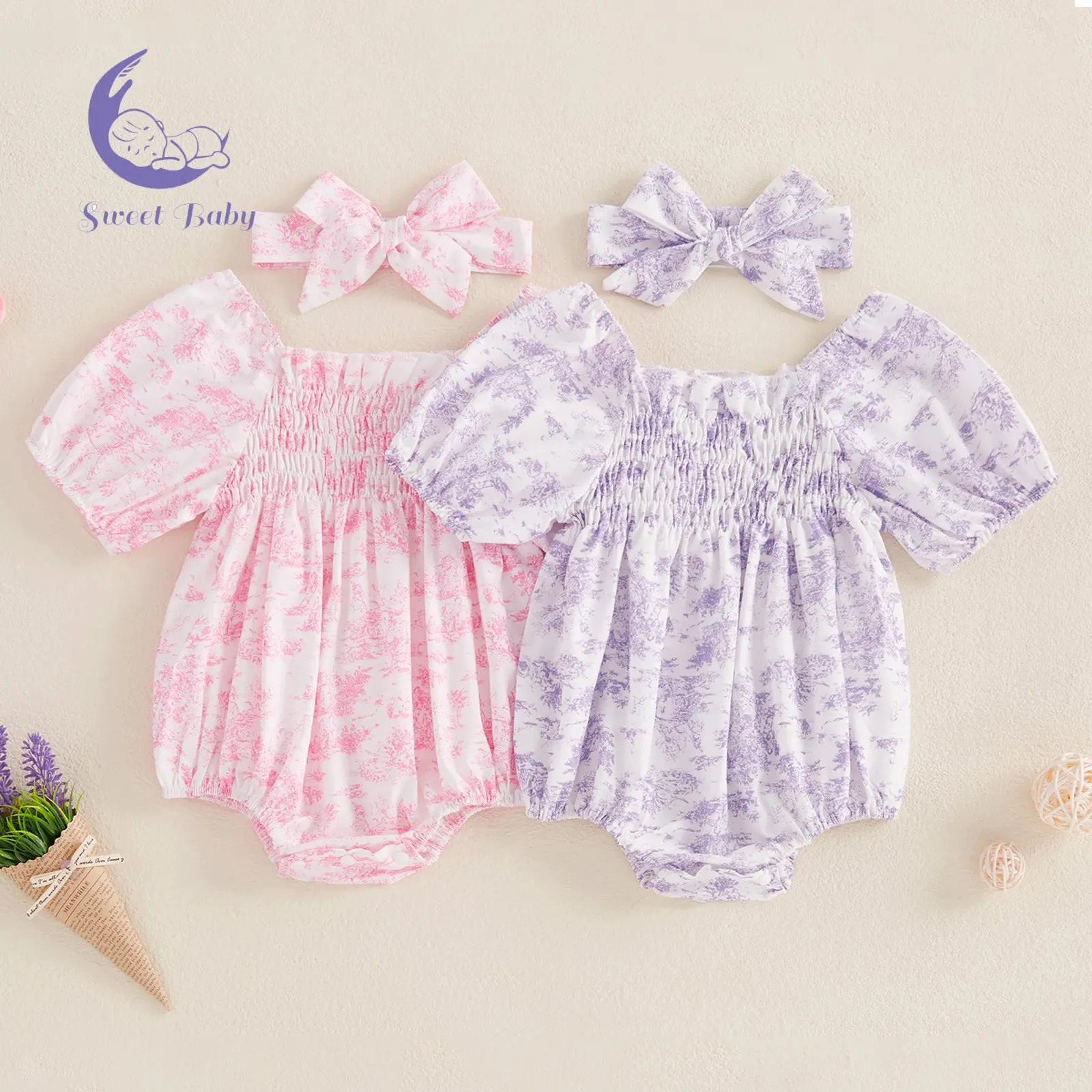 Newborn & Toddler Girls Floral Print Ruched Puff Sleeve Bodysuits, Summer Rompers with Headband, Cute Infant Jumpsuits (Clearance)