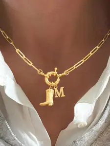 Western Cowboy Boot Initial Spring Buckle Pendant Necklace, Elegant Stainless Steel Paper Clip Chain, Vintage Style Women's Jewelry