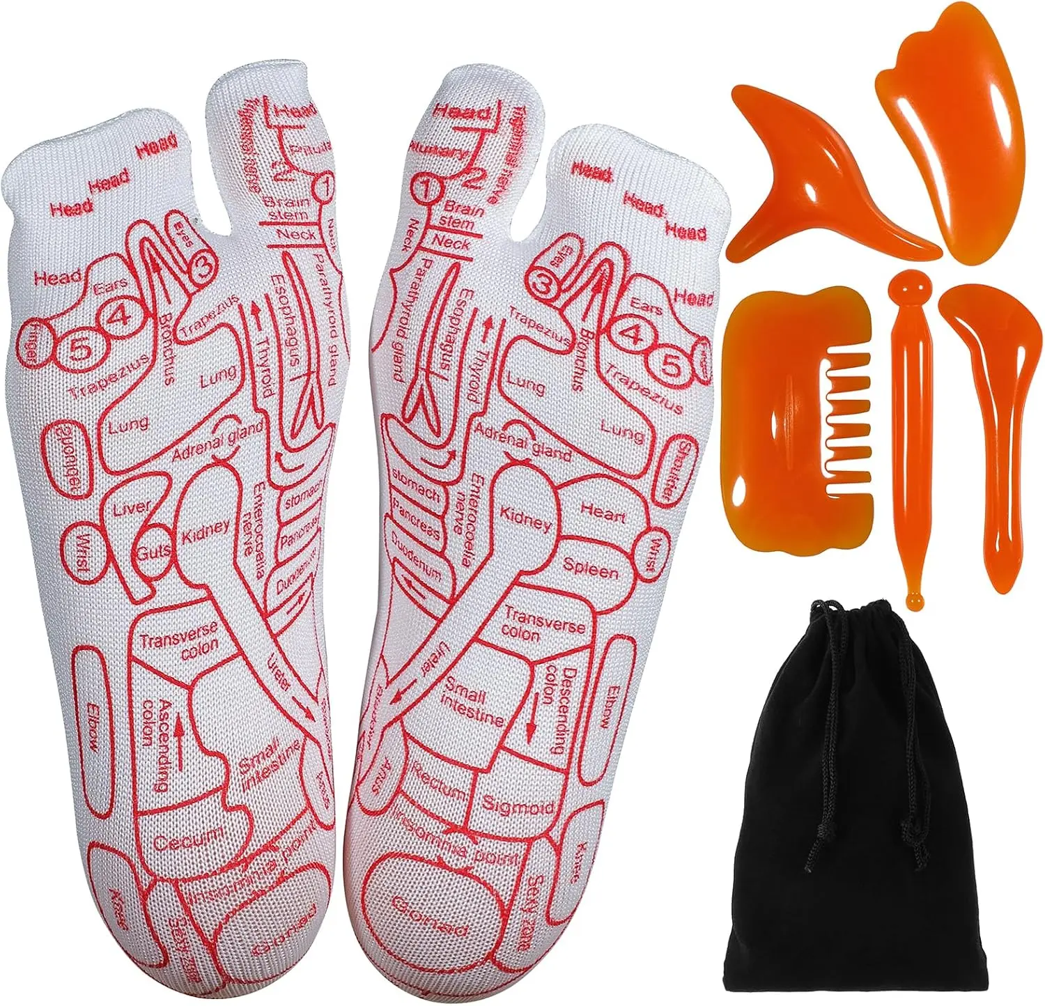 Reflexology Socks with Beginner Acupoint Massage Tools Set of 5 - Foot Pain Relief Remedy for Foot Massage Rod for Women and Men Tired Relieve (Woman-Small-Red)