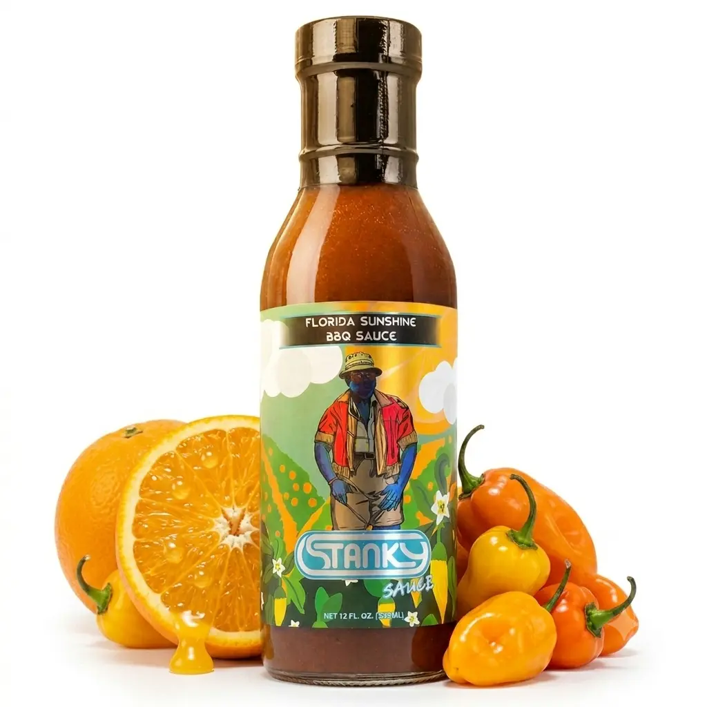 Stanky Sauce Florida Sunshine BBQ Sauce: Sweet & Tangy Citrus Flavor with a hint of smoky flavor and mild heat. Florida Style BBQ Sauce