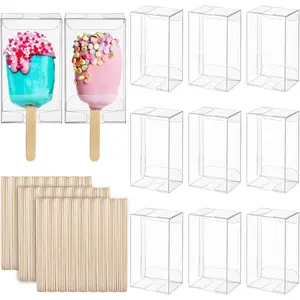 300 count Clear Popsicle Cakesicle Box Set, 150 count  Ice Cream Boxes with 150 count Wooden Sticks, 3.7x 2.2x1.5 Inches Candy  Box for Wedding,  Shower,  Birthday Party