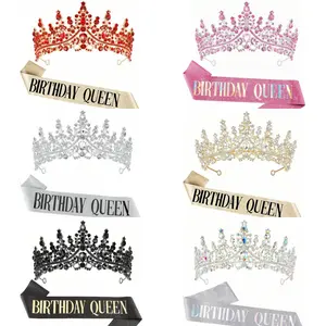 Luxury Diamond Like Bride Crown with Sash Bandana Wedding Party Birthday Celebration Princess Hair Accessory Fashion Accessory Sets