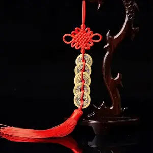 Chinese Style Hanging Red Copper Coin (5 Counts/10pcs), Traditional Chinese Knot Tassel, Lucky Charms Copper 5 Coins Traditional Pendant, Home Decor Craft, Home Office Decoration, Feng Shui Ornaments