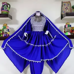 royal blue georgette Afghani short dress Traditional