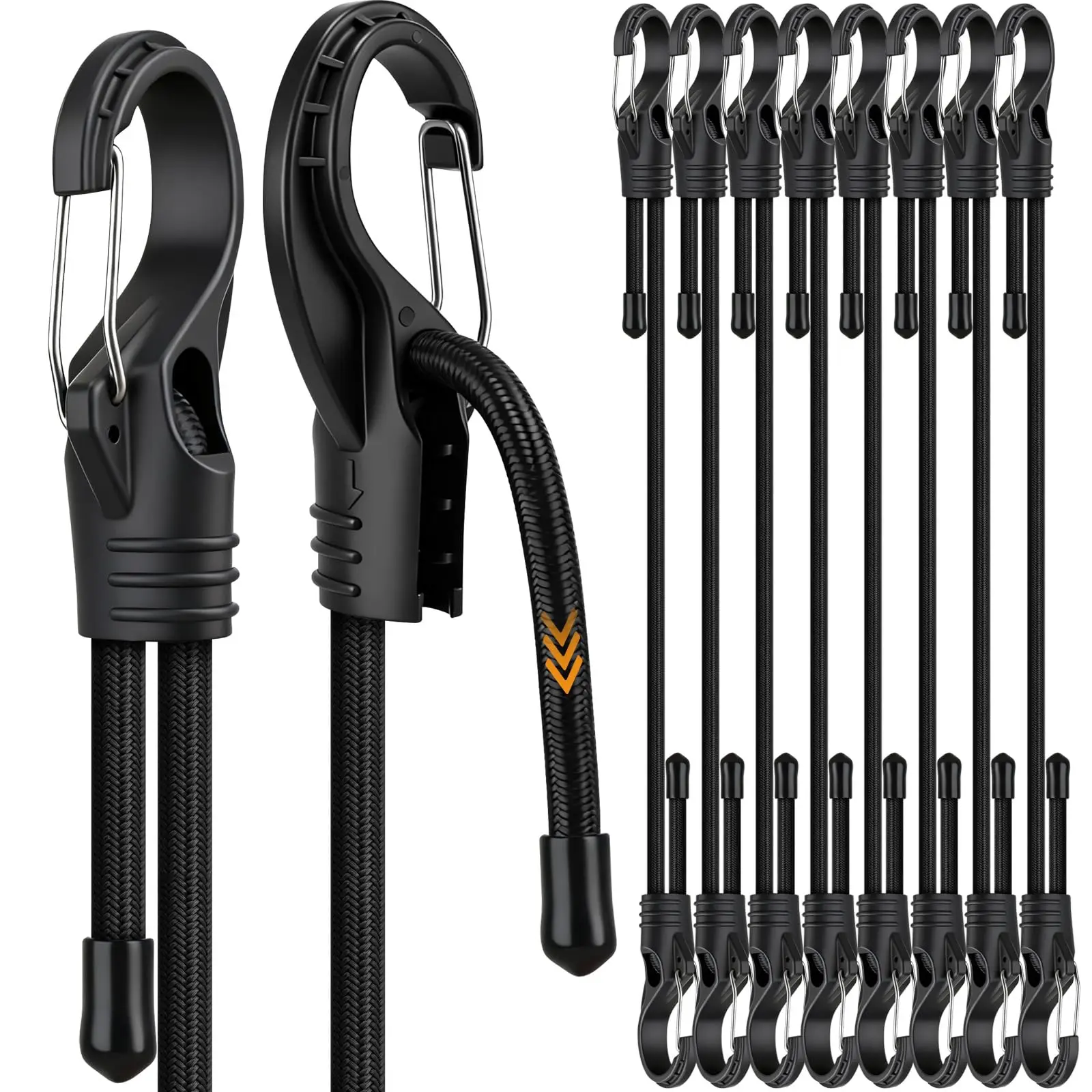 8-Piece 24-inch Adjustable Bungee Cords with Hooks, Heavy Duty Outdoor Carabiner Bungee Straps, Easily Adjust from 7" to 24", Black Super Elastic Cord for Cargo, Camping, Bike Racks, Tents