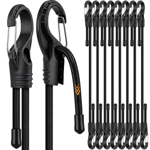 8-Piece 24-inch Adjustable Bungee Cords with Hooks, Heavy Duty Outdoor Carabiner Bungee Straps, Easily Adjust from 7" to 24", Black Super Elastic Cord for Cargo, Camping, Bike Racks, Tents