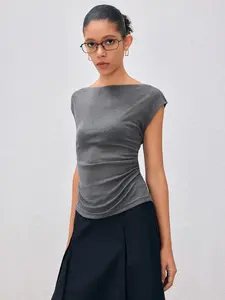 Cider Boat Neck Solid Ruched Short Sleeve Top