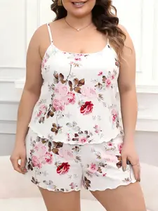 Summer Plus Size New Women's Elegant Floral Print Strap Short Pants Loungewear Pajama Set Nightwear, Comfortable Casual Loose Fit, Rolled Hem Shorts