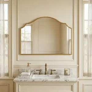 Arched Gold Wall Mirror, Vintage Baroque Mantel Vanity Mirror, Shatterproof HD Glass Hanging Mirror for Bathroom & Living Room
