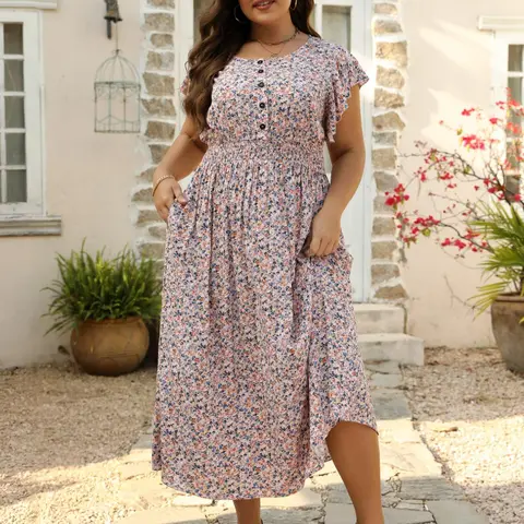 Plus Size Women Ditsy Floral Print Button Front Ruffle Shirred A Line Fitted Dress, Boho Romantic Cap Sleeve Round Neck Long Dress for Daily Holiday Vacation Wear, Casual Summer Outfits 2024 Womenswear Bohemian Summer Dresses