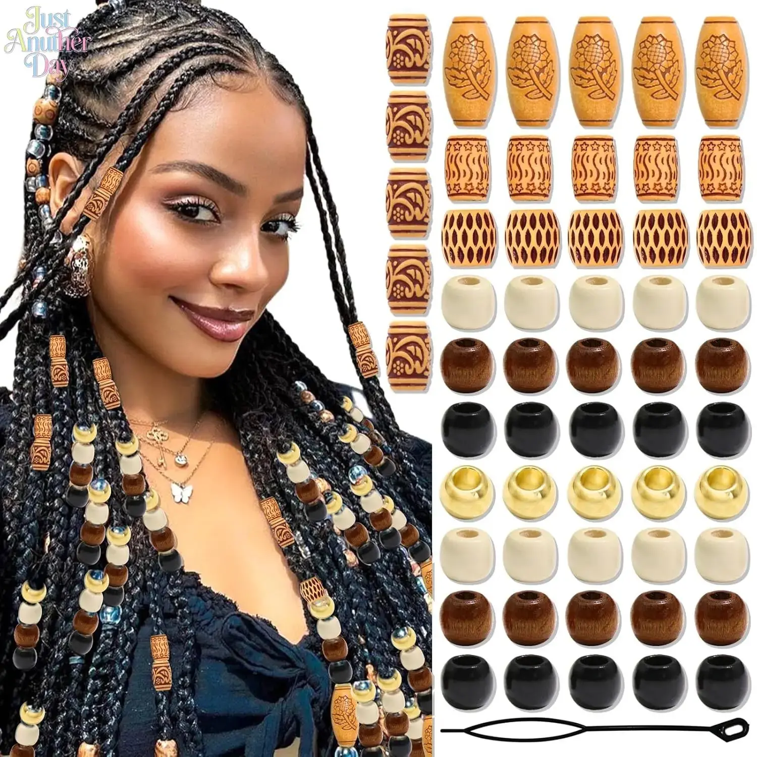 60 Pieces Mixed Style Natural Wood Hair Beads, Large Hole Carved Wooden Dreadlock Cuffs, Multicolor Hollow Braid Beads with Beading Tool for African Braid Hair Decor & DIY Hairstyle Accessories