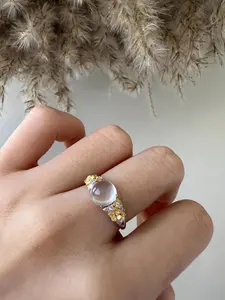 Anne's Choice, Original Design Russian White Floral & Moon Gold Ring, Clear Moon Collection, white nephrite jade, white phenakite gemstone