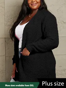 USBoutique Chic Plus Size Solid Black Pocket Drop Shoulder Cardigan Casual Long Sleeve Open Front Knitwear for Fall Winter Women's Clothing