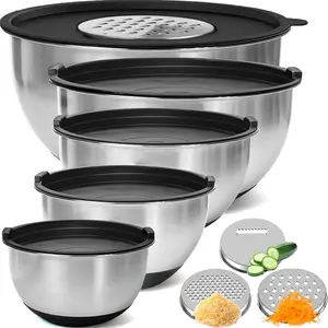 5 pcs Stainless Steel Mixing Bowls With Lids, 3 Grater Attachments, Stackable Mixing Bowls For Salads, Fruit, Pasta & Baking, Outdoor Safe, Round Shapes, Novelty Kitchen Cooking Tools