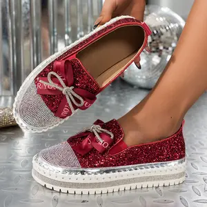 Women's Fashion Rhinestone Slip-On Shoes Comfortable Chunky Sole Daily Wear Satin Bow-Decorated Flats