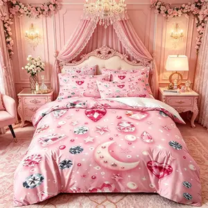 3-piece down duvet cover, Duvet Cover Set, pink dreamy jewelry decoration pattern, 3D digital printed bedding, suitable for home decoration in bedrooms and guest rooms (1 * down duvet cover 2 * pillowcase, no down duvet core), machine washable, zipper