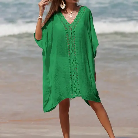 Women's Summer Plain Crochet Hollow Out Batwing Sleeve Swimwear Cover Up, Casual V Neck Half-Sleeve Beach Cover Up, Swimsuit Coverups for Vacation