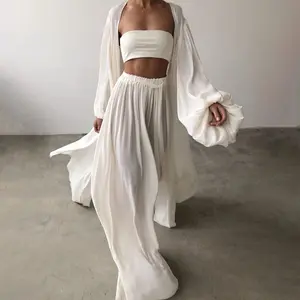 3-piece lounge set,Lantern sleeve cardigan,Tube top and wide leg pants set,Flowy spring summer outfit,Matching women's three-piece set#SkinBarrier#Athleisure#EverydayWear#Workwear#SustainableFashion#PreppyStyle#VintageArmani#ComfyWear#Streetwear#Minimalis