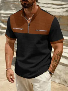 Men's Business Casual Waffle Patchwork Zipper Stand Collar Short Sleeve Hoodie, Slim-Fitting Summer Top, Comfortable Daily Wear