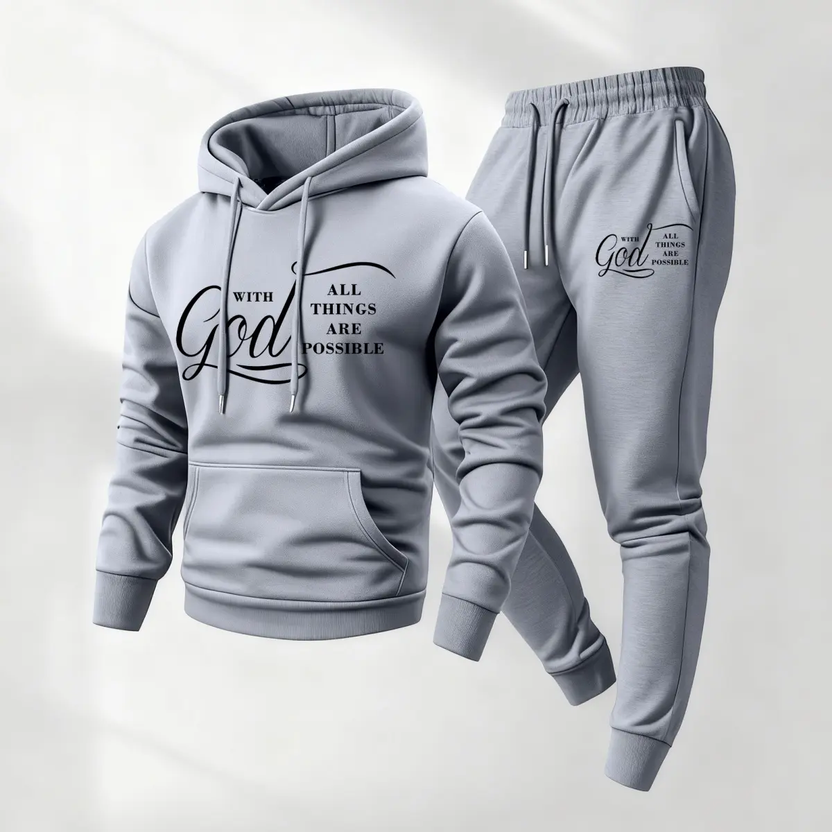 Men's Soft Polyester Fabric 2-Piece God-Print Hoodie & Drawstring Sweatpants Set - Long-Sleeve Hooded Jacket, Sports Tracksuit for Fall, Winter Daily, Indoor Use - Menswear Athleisure Outfit