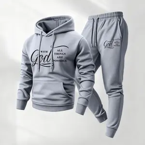 Men's God-Printed 2-Piece Hoodie & Drawstring Sweatpants Set - Casual Athletic Long-Sleeve Hooded Jacket & Trousers for Fall, Winter, Daily Wear, Indoor Outdoor Use - Menswear Athleisure Tracksuit