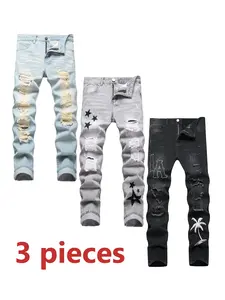 3 Pack Slim Fit Jeans For Men, Blue & Grey & Black Ripped Jeans, Fashion Straight Leg Comfy Breathable Trouser, Street Style Denim Pants